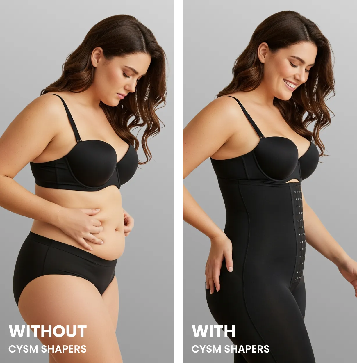 Before and after wearing CYSM Shapers — tummy control and enhanced curves