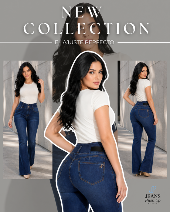 Dark Blue Flare Leg Push Up Jeans Style 5149 — High-Rise 3-Button Waistband & Natural Butt Lift
