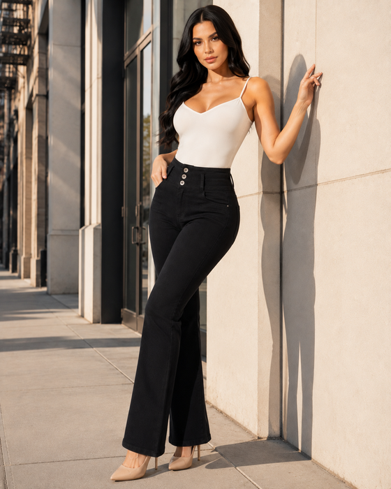Black Flare Leg Push Up Jeans 7483  High-Rise 3-Button Waistband, Bi-Stretch Fabric & Butt Lift Effect