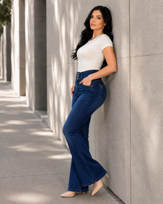 Dark Blue Flare Leg Push Up Jeans Style 5149 — High-Rise 3-Button Waistband & Natural Butt Lift