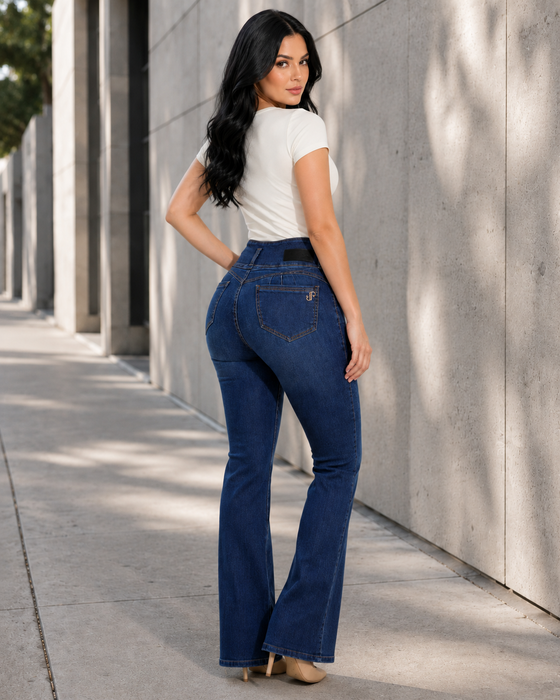 Dark Blue Flare Leg Push Up Jeans Style 5149 — High-Rise 3-Button Waistband & Natural Butt Lift