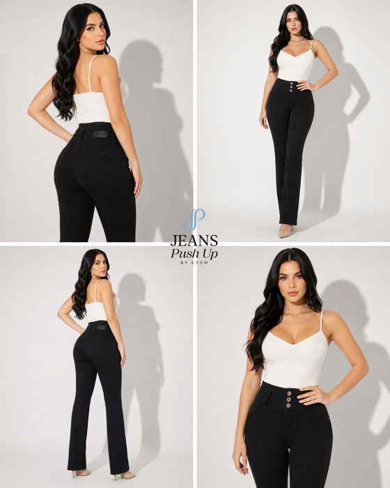 Black Flare Leg Push Up Jeans 7483  High-Rise 3-Button Waistband, Bi-Stretch Fabric & Butt Lift Effect