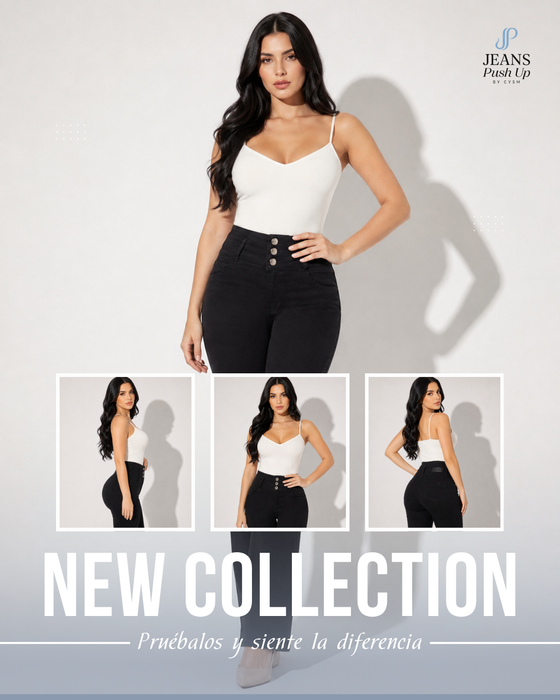 Black Flare Leg Push Up Jeans 7483  High-Rise 3-Button Waistband, Bi-Stretch Fabric & Butt Lift Effect