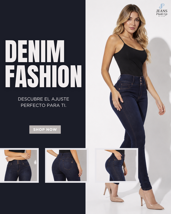Dark Blue Skinny Push Up Jeans Style 5201 — High-Rise 3-Button Waistband & Natural Butt Lift