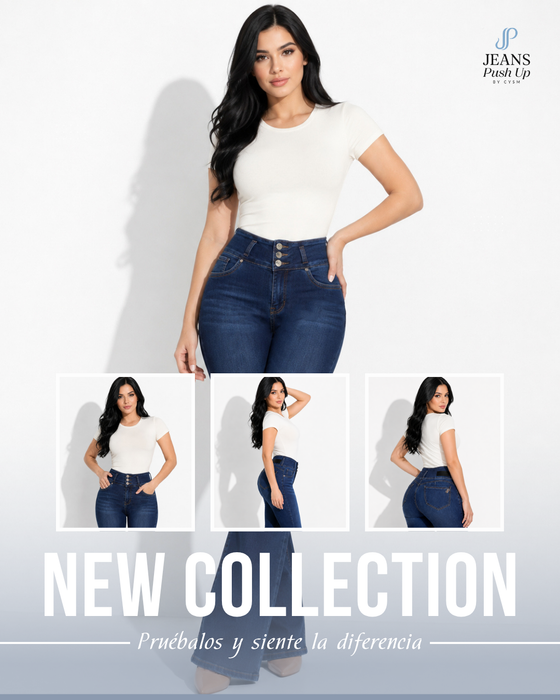 Dark Blue Flare Leg Push Up Jeans Style 5149 — High-Rise 3-Button Waistband & Natural Butt Lift