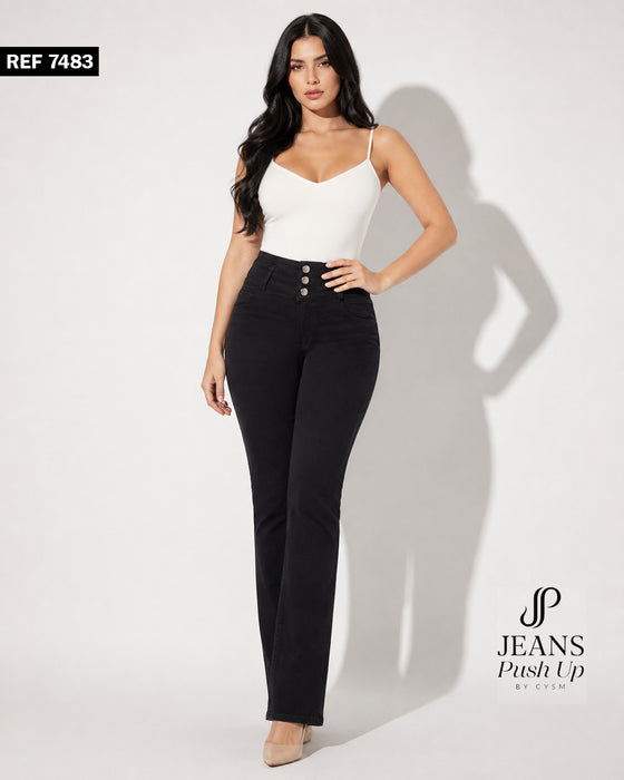 Black Flare Leg Push Up Jeans 7483  High-Rise 3-Button Waistband, Bi-Stretch Fabric & Butt Lift Effect