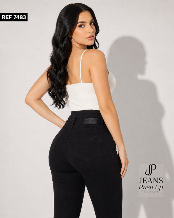 Black Flare Leg Push Up Jeans 7483  High-Rise 3-Button Waistband, Bi-Stretch Fabric & Butt Lift Effect