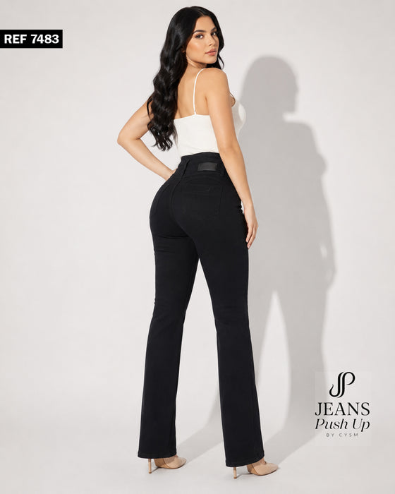 Black Flare Leg Push Up Jeans 7483  High-Rise 3-Button Waistband, Bi-Stretch Fabric & Butt Lift Effect