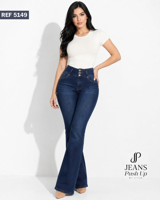 Dark Blue Flare Leg Push Up Jeans Style 5149 — High-Rise 3-Button Waistband & Natural Butt Lift