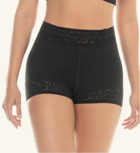 Black lace-trimmed CYSM shaping shorts with high waist and short leg length, front view