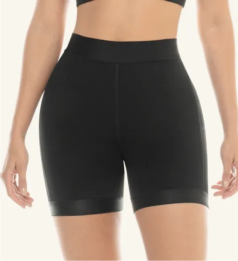 Basic black CYSM shaping shorts with smooth waistband, front view