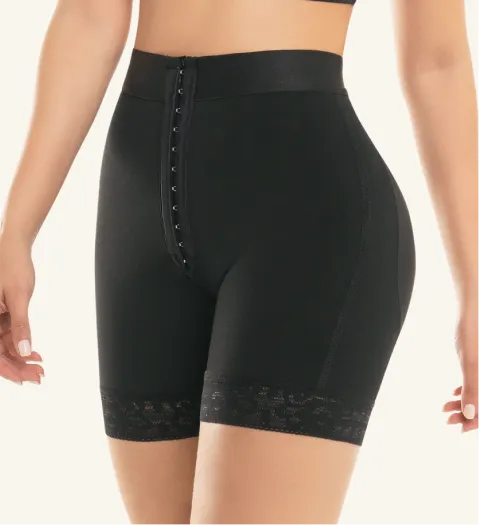 Black CYSM shaping shorts with lace trim and hook-and-eye front closure, angled view