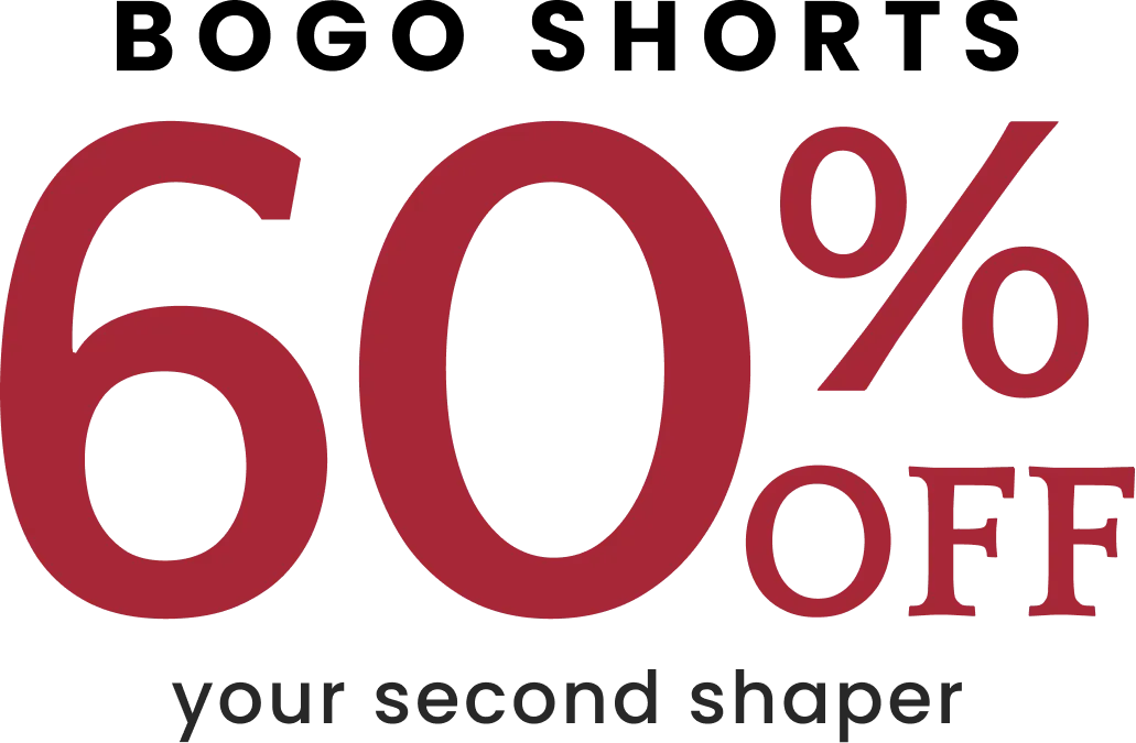BOGO Shorts promotion with 60% off on your second shaping short in bold red letters on beige background