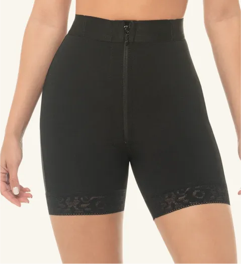 Black CYSM shaping shorts with front zipper and lace detail, angled view
